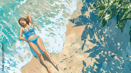 .A beautiful young woman lies on the beach in a swimsuit by the water