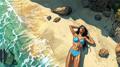 .A beautiful young woman lies on the beach in a swimsuit by the water