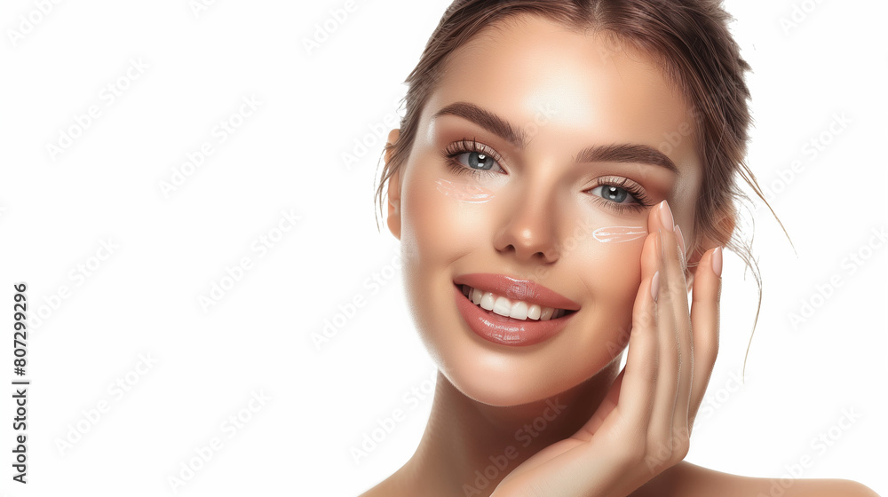 Photo of beautiful woman with happy face expression, perfect clean skin touching her cheek and smiling isolated on white background. Beauty concept for spa or skincare brand banner ad.