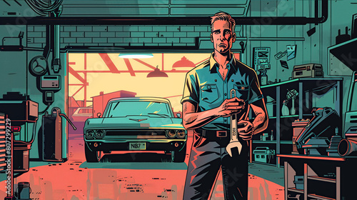 a man in work clothes stands with a wrench in an auto repair shop, with a car behind him