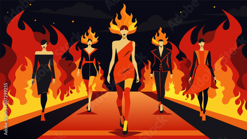 A fashion runway show featuring models with their clothing on fire the flames forming into distorted and terrifying visages as they strut down the.