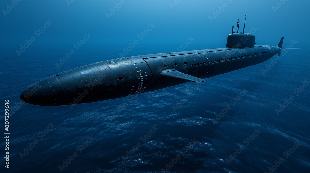 A large submarine is in the water A large submarine is in the water