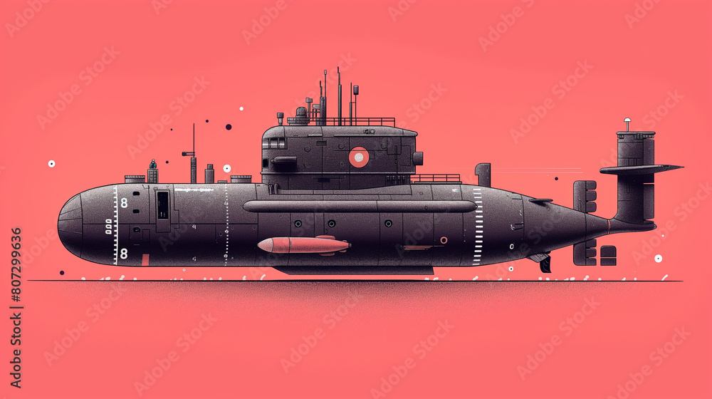 A submarine is shown in a cartoonish style, with a red background A submarine is shown in a cartoonish style, with a red background