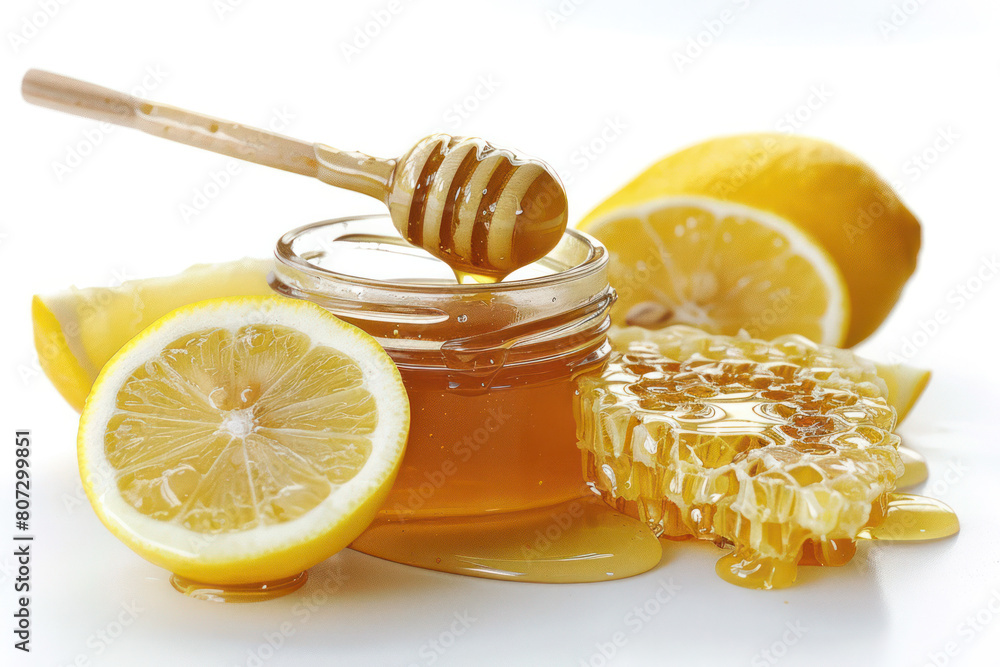 A jar filled with honey, honeycomb, and slices of lemon, all arranged on a white background A jar filled with honey, honeycomb, and slices of lemon, all arranged on a white background