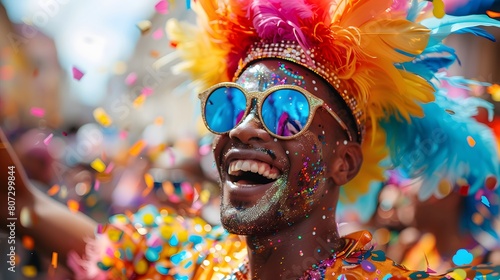 A detailed HD image of a young person dressed in a colorful costume dancing energetically at a Pride event, with confetti flying around them photo