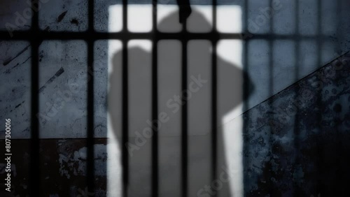A mysterious male figure hides his identity under a hood, his silhouette seen from the gate of a prison cell. The sun's rays cast his enigmatic shadow upon the wall.
