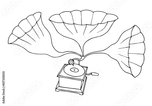 Vintage gramophone in doodle style. Freehand drawing. Doodle. Hand Drawn. Outline.	