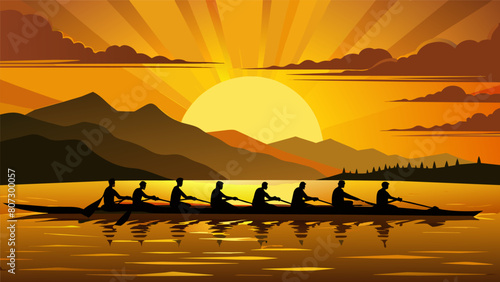 As the sun sets in the distance the rowing teams synchronized motions create a beautiful silhouette against the golden sky.. Vector illustration
