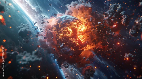 Cinematic visualization of Earth shattering into pieces, with a dynamic explosion and debris cloud, ideal for highimpact movie scenes