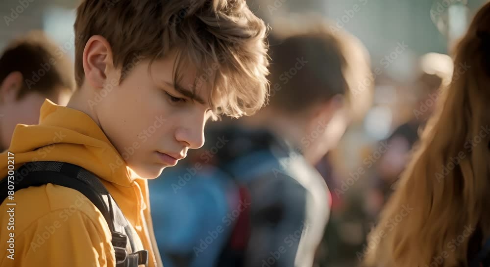 Teenage boy isolated in school crowd due to mental health struggles. Concept Isolation, Teenage Mental Health, School Environment, Social Stigma, Supportive Interventions Teenage boy isolated in school crowd due to mental health struggles. Concept Isolation, Teenage Mental Health, School Environment, Social Stigma, Supportive Interventions