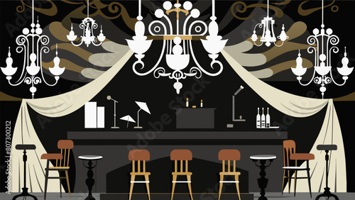 Finally the last corner of the bar is a nod to the world of classical music. With elegant chandeliers and black and white decor this corner exudes Vector illustration