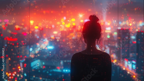 This is a 3D illustration of a girl watching fireworks in the city on a new year's holiday, copy space © DZMITRY