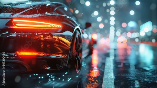 Car Driving on Wet Road at Night