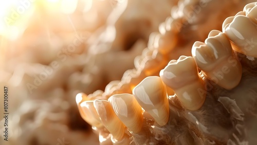 Teeth evolution from sharp fangs in prehistoric predators to human teeth variety. Concept Evolution of Teeth, Prehistoric Predators, Human Dental Variation, Tooth Adaptation, Dental History photo