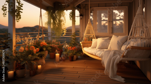 Petit balcon cocooning, avec petites guirlandes de lumière, fleurs, bougie, fauteuil en bois avec coussins blancs. Vue sur un coucher de soleil, début de soirée. Ambiance calme, zen, cosy. photo