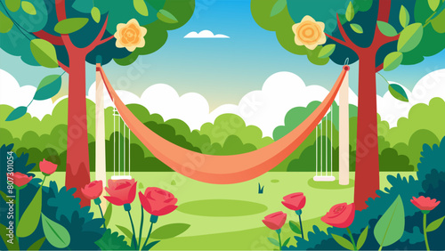 A picturesque garden with a colorful hammock swaying between two blooming rose bushes providing the perfect spot for someone to unwind and recharge in.