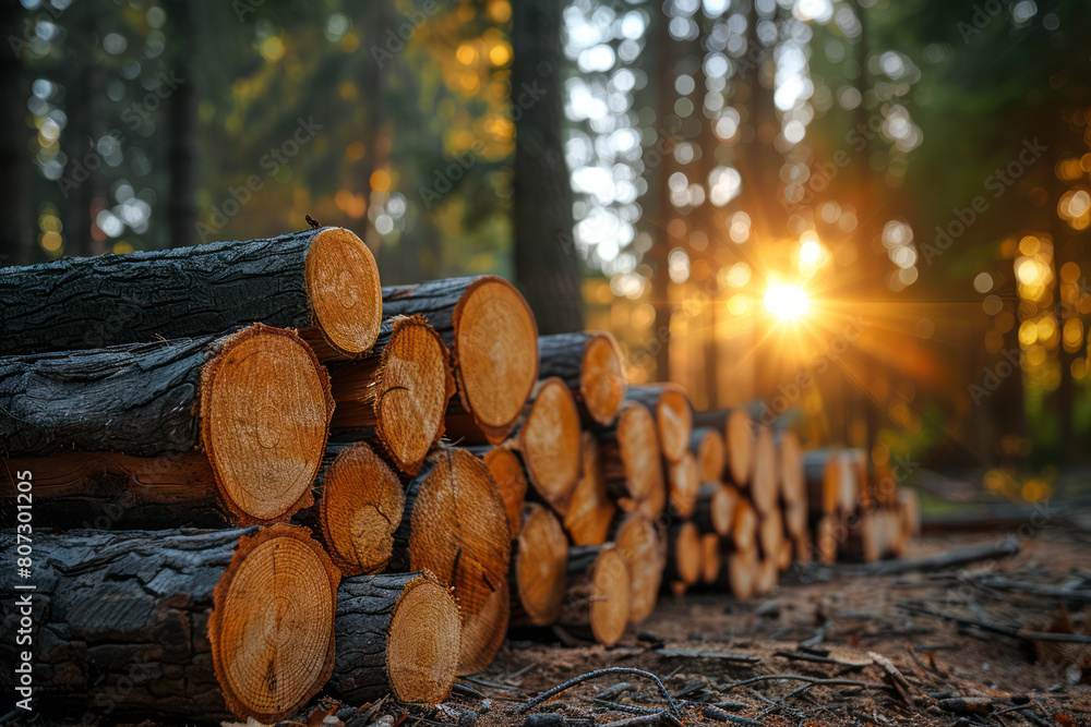 A stack of cut wood lies in the middle of a forest setting, surrounded by trees and vegetation A stack of cut wood lies in the middle of a forest setting, surrounded by trees and vegetation