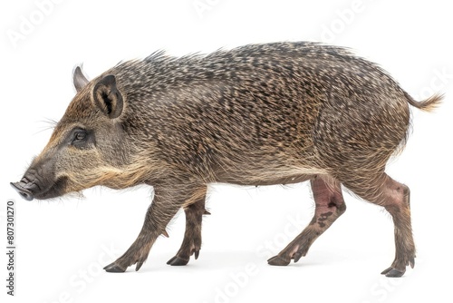 Wild Javelina Pig Walking in Side Profile Isolated on White Background photo