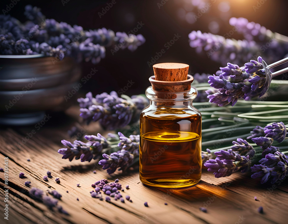 A bottle of essential oil and lavender on a wooden table. A bottle of essential oil and lavender on a wooden table.