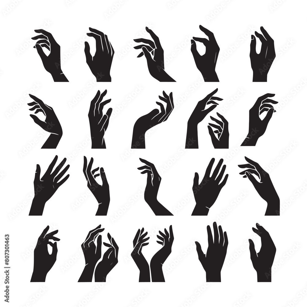 set of female hand icons. Vector illustration of elegant female hands with different gestures. minimalist style set of female hand icons. Vector illustration of elegant female hands with different gestures. minimalist style
