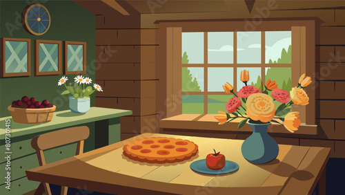 Inside the cottage a rustic kitchen boasts a long wooden table adorned with a fresh bouquet of wildflowers and a freshly baked apple pie cooling on a.