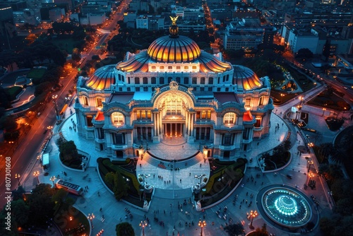 Twilight Aerial Panorama of Bellas Artes Palace, City - Fine Art and Architecture at Night