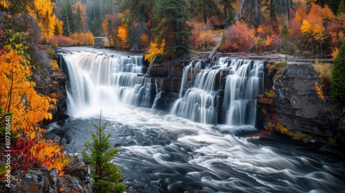 Upper Falls in Autumn. Scenic View of a Majestic Waterfall on the River