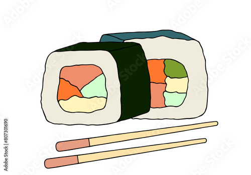 Sushi with chopsticks. Freehand drawing. Doodle. Hand Drawn. Outline.
