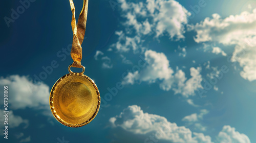 close-up of a gold medal against a blue sky, space for text, Olympic gold medal