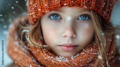 Young Girl in Knitted Hat and Scarf