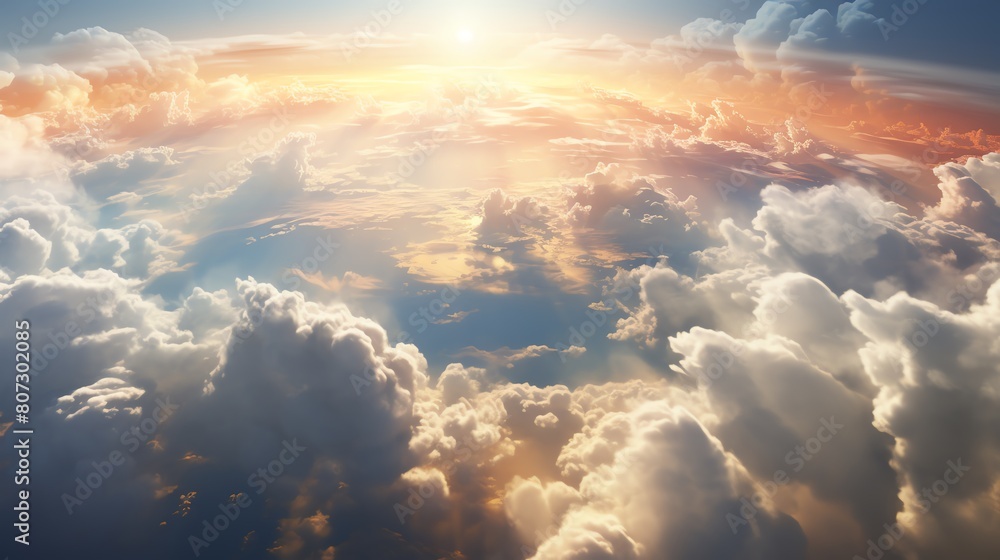 Fototapeta premium Majestic view from above, showing a cargo plane navigating through towering cumulus clouds in superb 8K detail