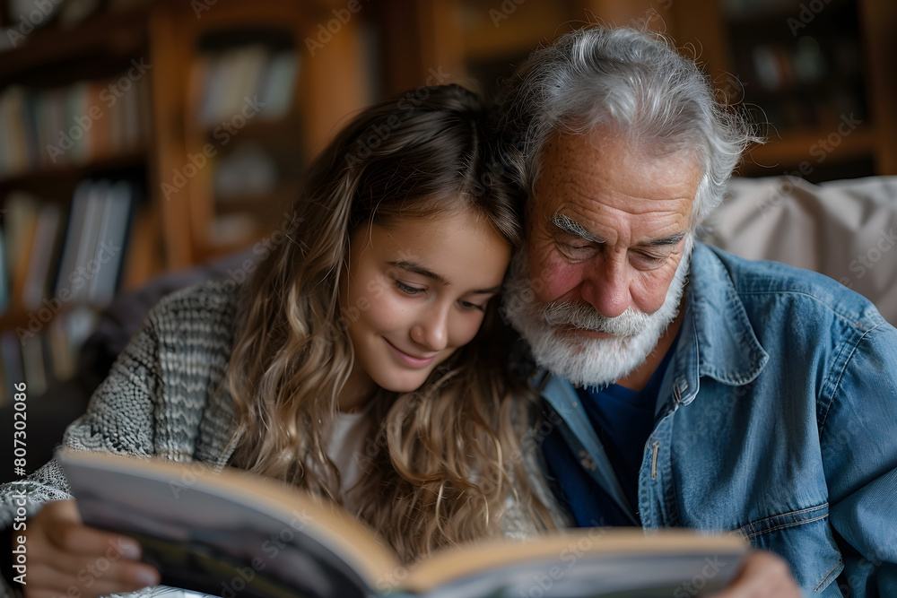 Daughter embracing her senior father while looking at a family album photo at home, celebrating Father's Day. Daughter embracing her senior father while looking at a family album photo at home, celebrating Father's Day.