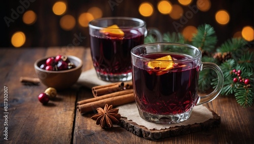 Cheers to the Season, Mulled Wine Served on a Rustic Wooden Surface, Ready for Celebration