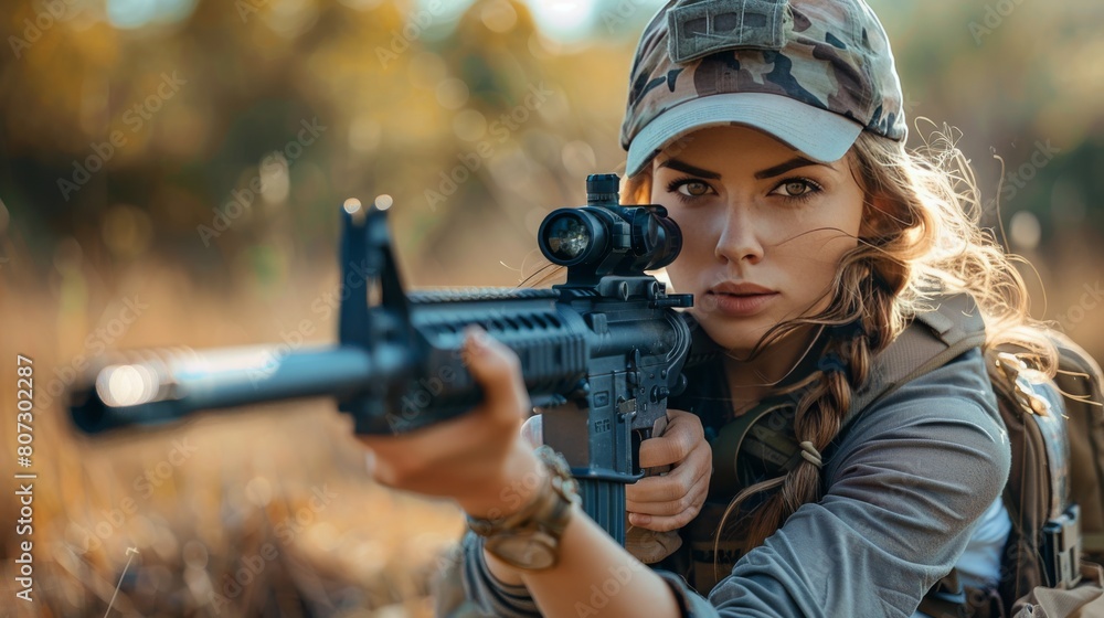 Woman Holding Gun in Field