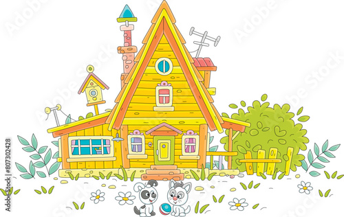 Funny little kitten and puppy merrily playing with a ball in a yard of a pretty village house in countryside on summer vacation, vector cartoon illustration on a white background
