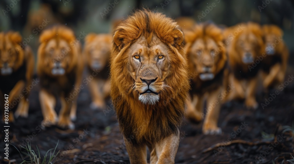 Fototapeta premium Group of Lions Walking Down Road