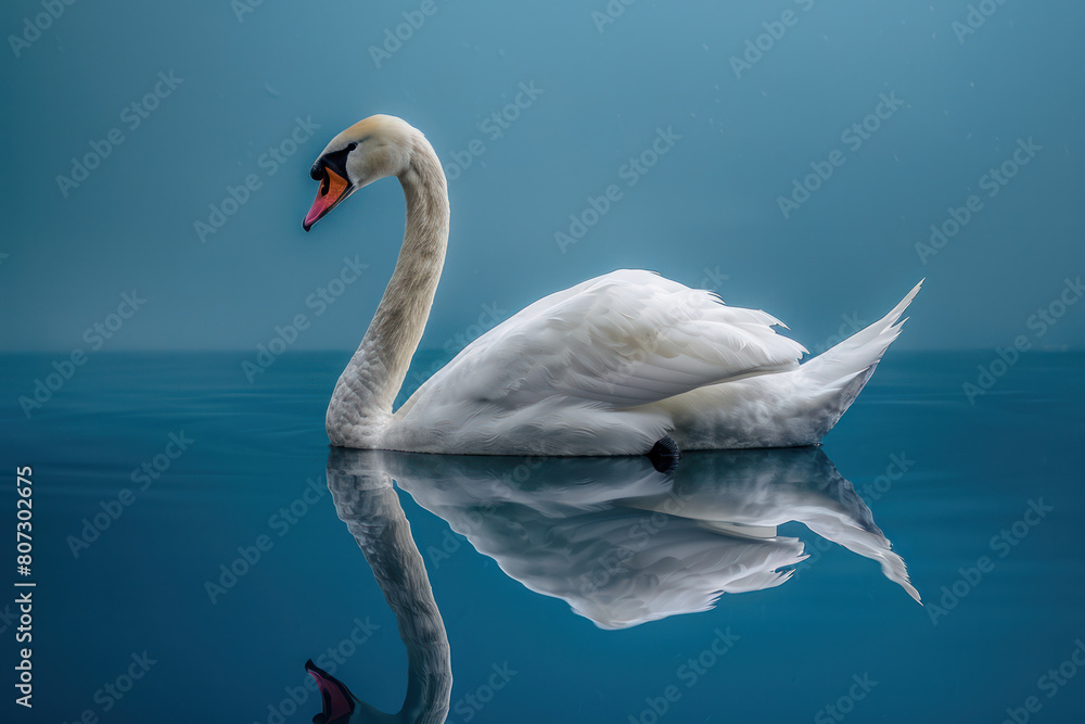 A white swan gracefully floats on top of a body of water, with its reflection visible in the calm surface A white swan gracefully floats on top of a body of water, with its reflection visible in the calm surface