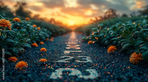 Concept photo of the future, written on an asphalt road in the middle of an alfalfa field, a sunset and lightning on the horizon. Three-dimensional illustration of a path leading to success. photo