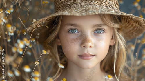 Young Girl in Straw Hat Standing in Flower Field