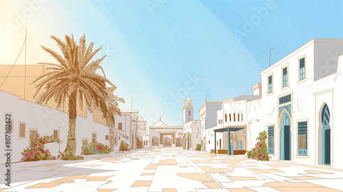 Serene Morning in a Traditional Mediterranean Village With White Buildings and Palm Tree © YURY YUTY