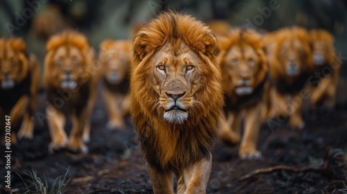 Group of Lions Walking Down Road