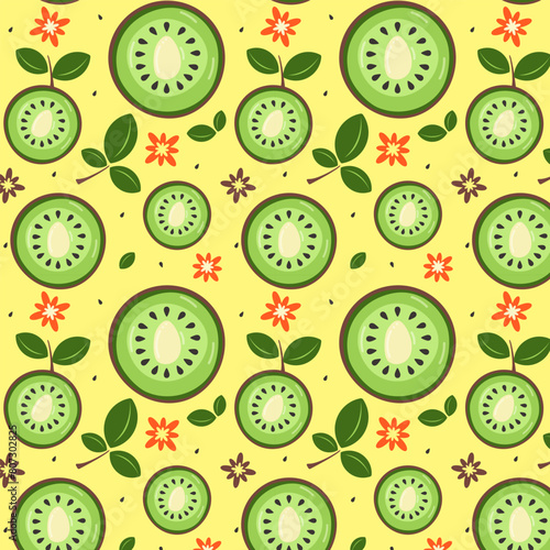 A summer, juicy pattern with kiwi in the cut, flowers in the flat style