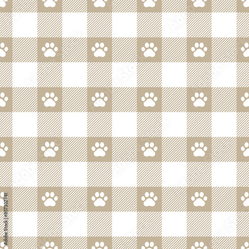 Paw print seamless pattern. Repeating cute plaid tartan pastel color. Check design for prints. Repeated scottish madras fabric. Neutral wool lattice. Repeat abstract ekose woven. Vector illustration