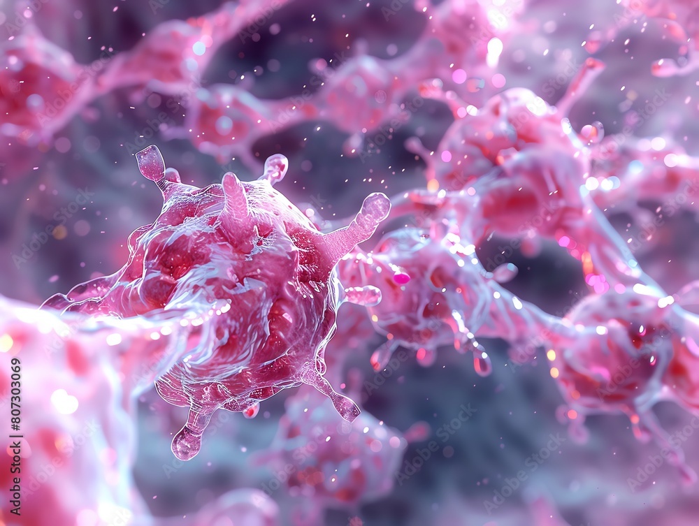Serum cell interaction in a 3D scientific animation, focusing on the detailed interactions and benefits of serum at a microscopic level Serum cell interaction in a 3D scientific animation, focusing on the detailed interactions and benefits of serum at a microscopic level