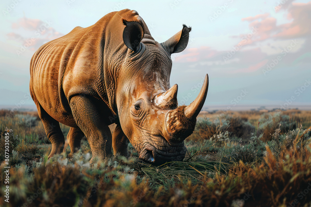 Fototapeta premium An African rhinoceros is seen munching on grass in a field