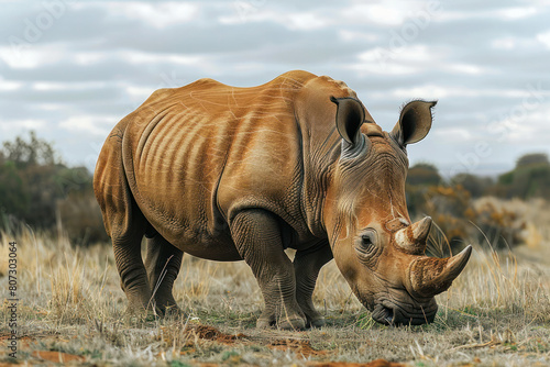 An African rhinoceros is seen eating grass in a field