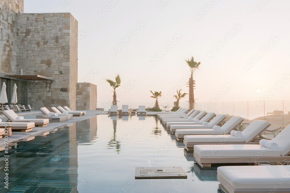 Fototapeta premium Swimming pool and sun loungers at stylish tropical spa hotel, summertime banner mockup. Summer travel sales and vacation concept.