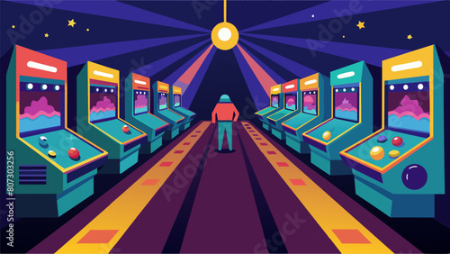 A row of old school pinball machines their flashing lights reflecting off the shiny floors and players fully engrossed in the action.. Vector illustration