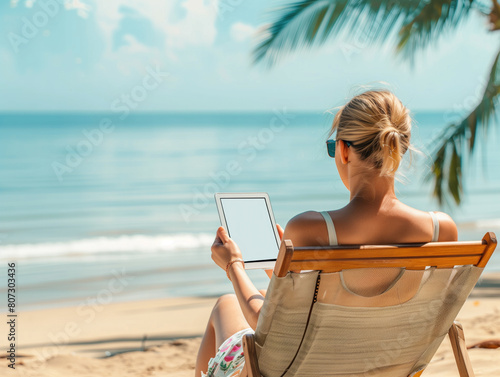 A woman lounges on a beach chair, using a digital tablet with a blank screen for relaxation.