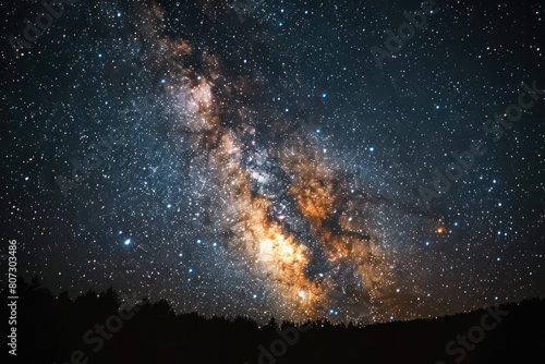 The night sky is filled with numerous stars shining brightly, including the Milky Way galaxy in the background